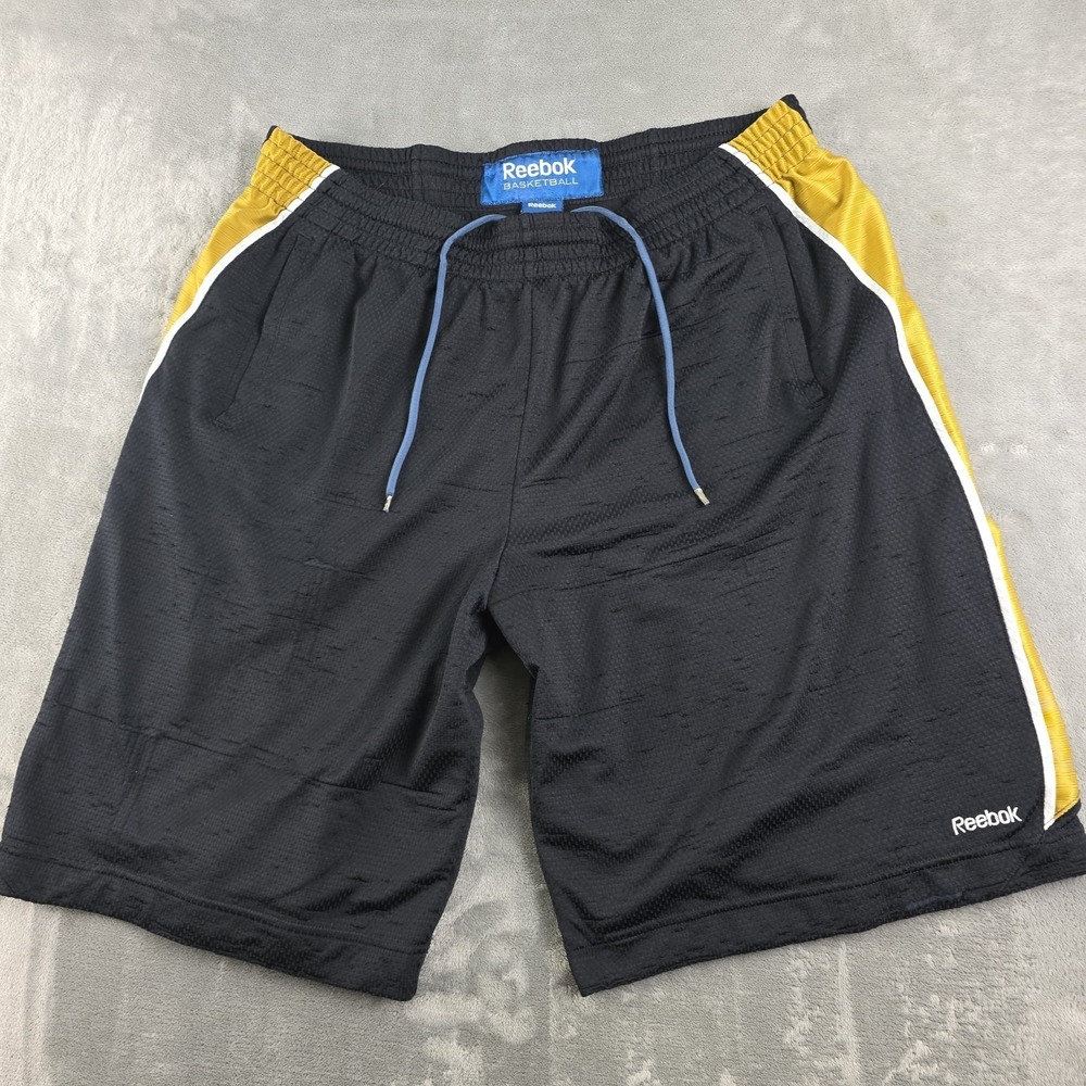 Vintage Reebok Basketball Shorts Men's XL Black/ Gold Striped Pockets Drawstring